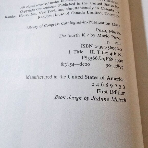 The Fourth K By Mario Puzo First Edition Hardcover Novel 1990 Political Thriller - Picture 4 of 10
